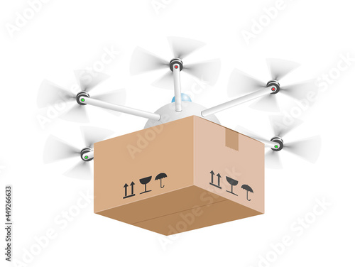 Drohne mit Paket Lieferung,
Vektor Illustration isoliert auf weißem Hintergrund
