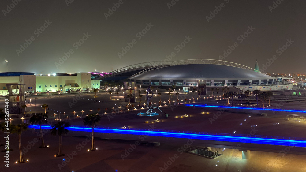 Scenic view of Aspire Academy in Doha, Qatar, at night.