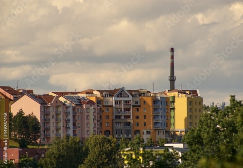 Modern, colorful panel houses, low-energy housing.