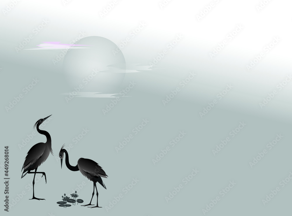 Fototapeta premium Two herons on the background of blooming lotuses and sun with clouds. Vector black-white drawing. 