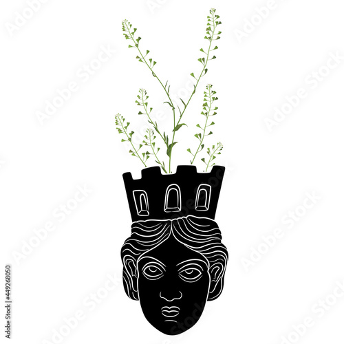 Head of ancient Greek goddess Tyche with blooming branches of shepherd purse plant sprouting from it. Persephone or Flora archetype. Female face as a vase. Creative concept. Spring renewal of nature.