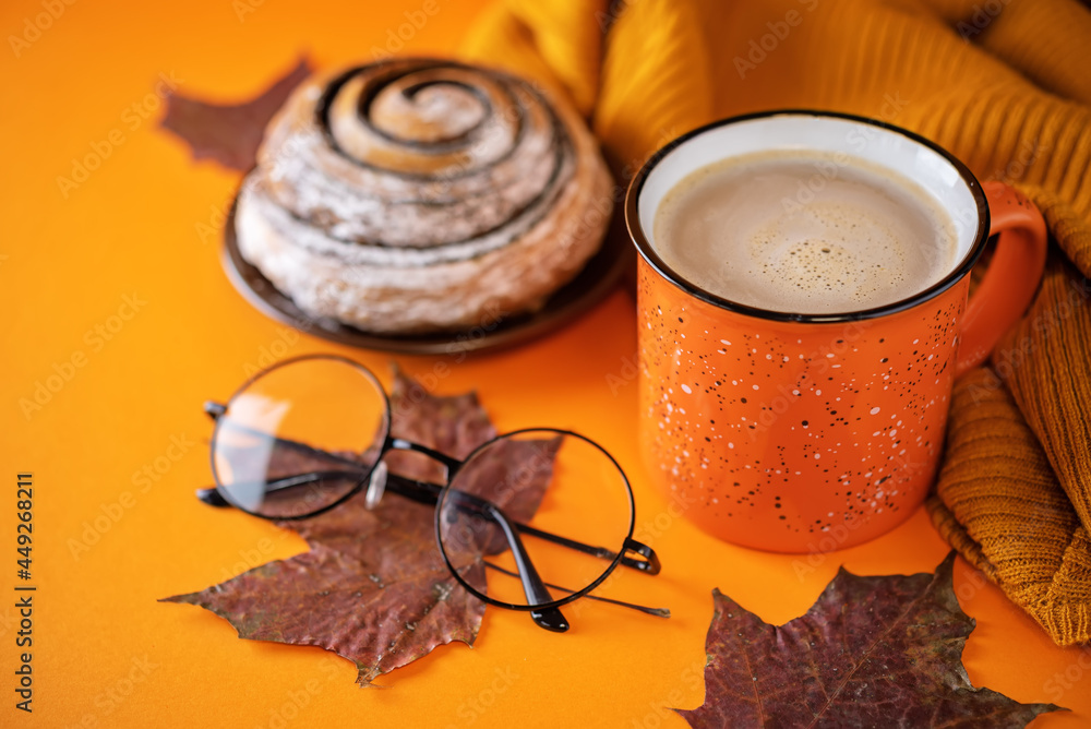 Autumn flat lay with a blanket, hot chocolate and a cake Autumn flat lay with a blanket, hot chocolate and a cake