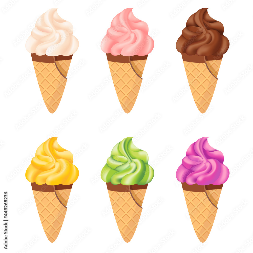 Cartoon waffle cones with ice cream vanilla, strawberry, chocolate, blueberries, banana, pistachio Cartoon waffle cones with ice cream vanilla, strawberry, chocolate, blueberries, banana, pistachio