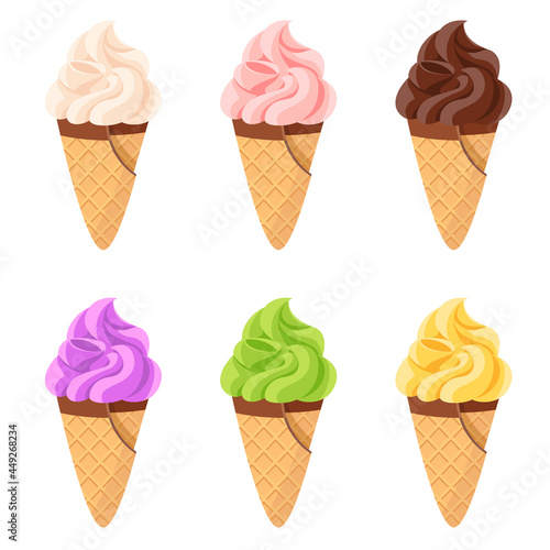 Cartoon waffle cones with ice cream vanilla, strawberry, chocolate, blueberries, banana, pistachio