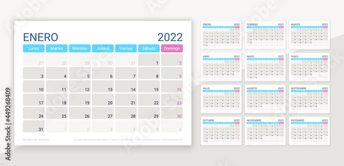2022 Spanish calendar layout. Desk calender template. Vector illustration.