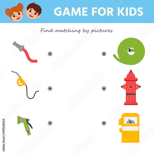 Find matching by pictures. A game for the development of logic for preschool children.  Preschool worksheet activity. Children funny riddle entertainment. Vector illustration