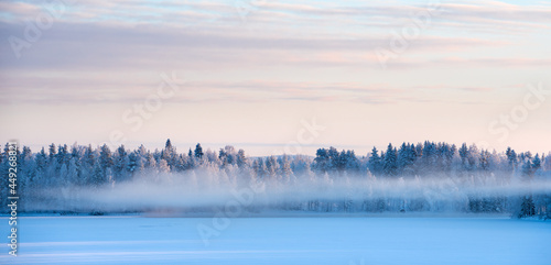 Winter landscape, mist rising over frozen river.