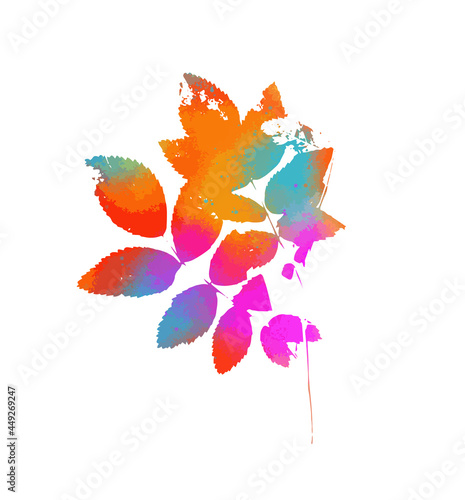 The object is a graceful multicolored twig with leaves. Mixed media. Vector illustration