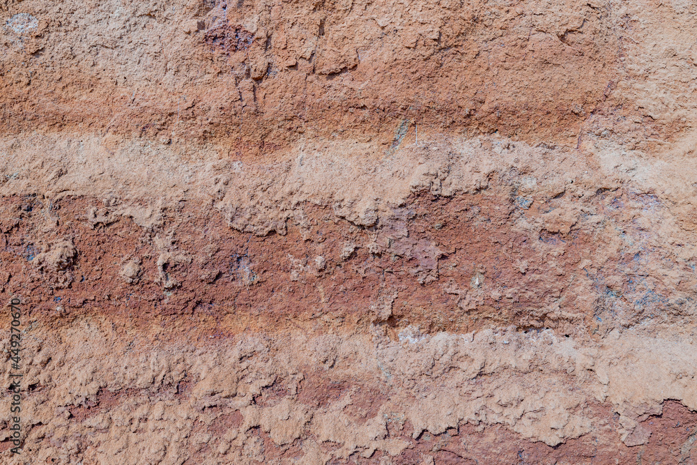 Close up view of sandy clay surface as brown natural texture wallpaper background. 