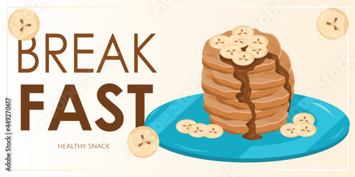 Promo banner with pancakes, chocolate and bananas. Healthy eating, nutrition, diet, cooking, breakfast menu, fresh food concept. Vector illustration for banner, flyer, poster.