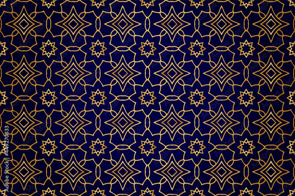 3d volumetric convex embossed geometric dark blue background with ethnic gold pattern, graceful arabesque. Oriental, Asian, Indian ornament for design and decoration.