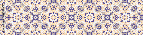 Azulejos ceramic tile design. Talavera tracery motif. Unique creative endless fill swatch. Portuguese, Spanish, Mexican, Brazilian folklore ornament. Ethnic style vector hand drawn seamless pattern. photo