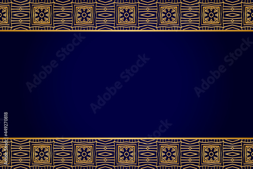 3D volumetric convex embossed geometric dark blue background with ethnic gold pattern, original arabesque. Oriental, Asian, Indian ornament for design and decor. Horizontal inserts.