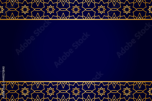3d volumetric convex embossed geometric dark blue background with ethnic gold pattern, graceful arabesque. Oriental, Asian, Indian ornament for design and decor. Horizontal inserts.