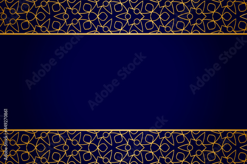 3d volumetric convex embossed geometric dark blue background with ethnic gold pattern, openwork arabesque. Oriental, Asian, Indian ornament for design and decoration. Horizontal inserts.