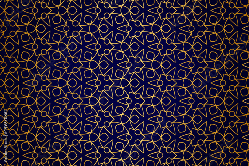 3d volumetric convex embossed geometric dark blue background with ethnic gold pattern, openwork arabesque. Oriental, Asian, Indian ornament for design and decoration.