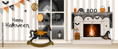  Happy halloween banner with decorated fireplace and rocking horse