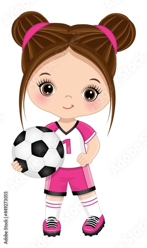 Cute Little Brunette Girl Holding Soccer Ball. Vector Girl with Football Ball