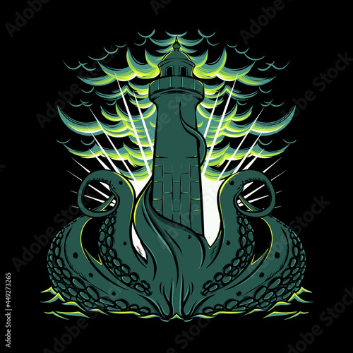 octopus covering the lighthouse in the sea with clouds and waves illustration