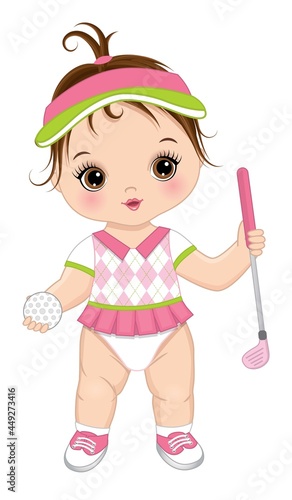 Vector Cute Baby Girl Holding Golf Club and Ball. Vector Golfer Girl