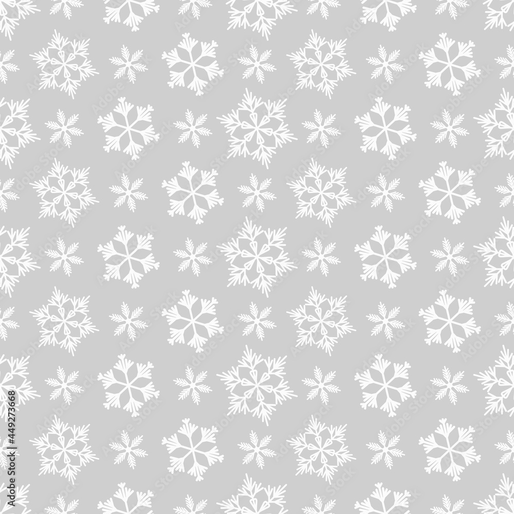 Winter seamless pattern with white snowflakes on grey background. Vector illustration for fabric, textile wallpaper, posters, gift wrapping paper. Christmas vector illustration. Falling snow Winter seamless pattern with white snowflakes on grey background. Vector illustration for fabric, textile wallpaper, posters, gift wrapping paper. Christmas vector illustration. Falling snow