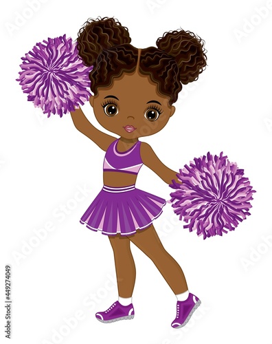 Cute African American Cheerleader Dancing with Pom Poms. Vector Black Cheerleader 