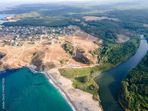 Aerial view of beach at the mouth of the Veleka River, Bulgaria