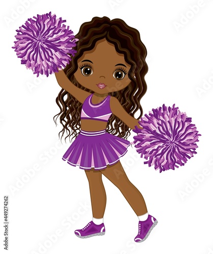 Cute African American Cheerleader Dancing with Pom Poms. Vector Black Cheerleader 