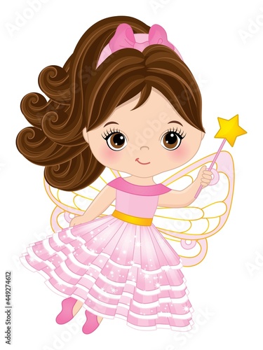 Cute Brunette Fairy Girl in Pink Dress Holding Magic Wand. Vector Little Fairy