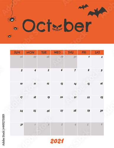 October Halloween Calendar Vector Illustration Template. October 2021 Special Holiday Calendar. 