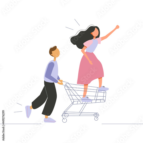 Vector illustration of young man pushing the shopping cart with the girl going shopping. Shopping urge picture