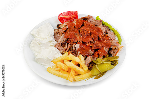 meat doner menu, iskender menu on plate, turkish special meat doner, food, special menu, on white background photo