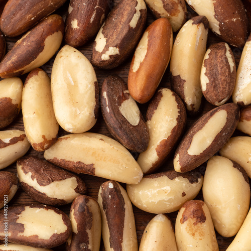 Closeup top view of brazil nuts. Food backdrop