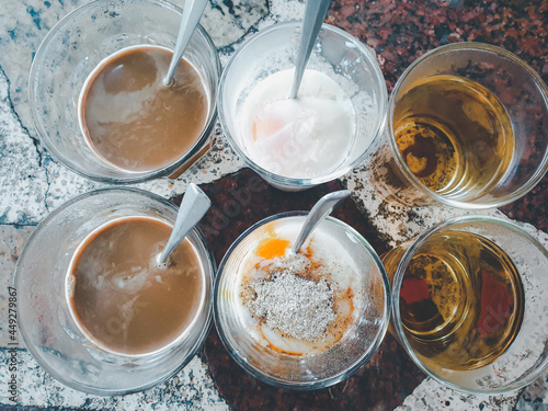 Breakfast with soft-boiled eggs and vintage coffee photo