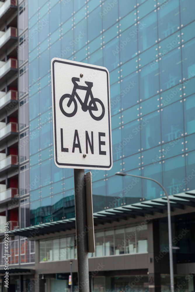 Bike lane road sign in Adelaide City, South Austraalia. Cycling friendly urban environment concept