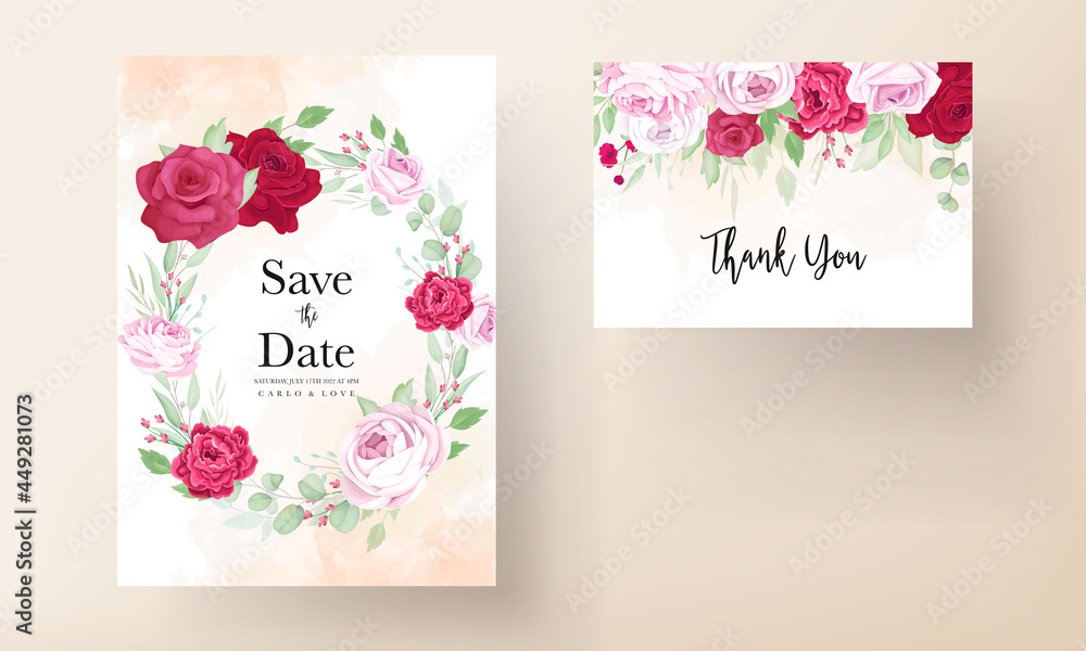 beautiful blooming rose and peony flower wedding invitation card