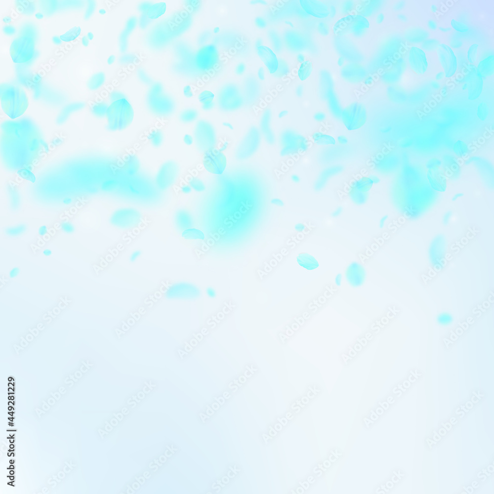 Turquoise flower petals falling down. Curious roma