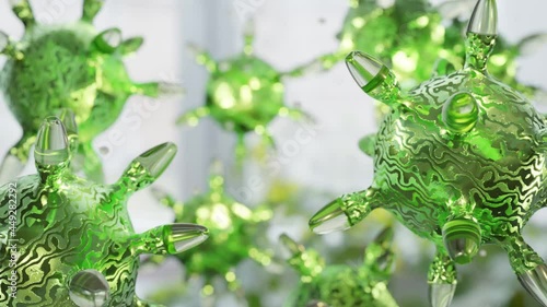 Close-up of dissolving virus under microscope., SARS-CoV-2 COVID-19 pandemic cure or vaccination concept. Realistic high quality medical animation