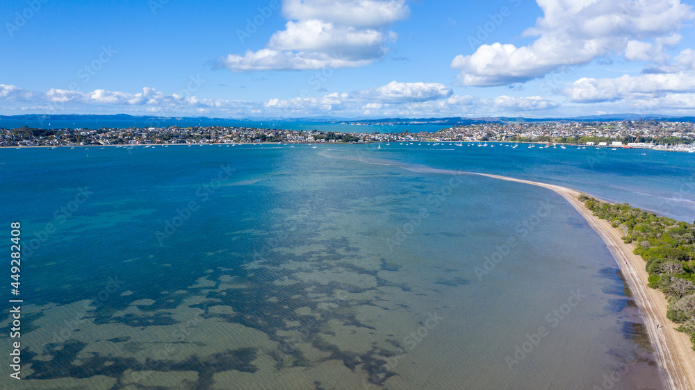 Fototapeta premium Aerial View from the Beach, Green Trees, City Streets and Waves - Tahuna Torea, Bucklands Beach View in New Zealand - Auckland Area