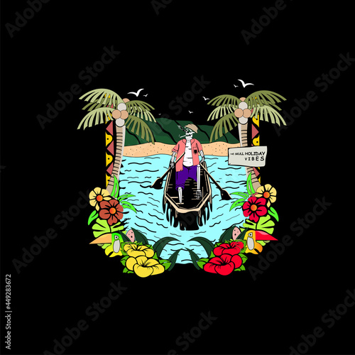 Art illustration with vibes style with skulls paddling while smoking and having fun beside the beach, this design can be used for T-Shirt designs and vintage logos.
