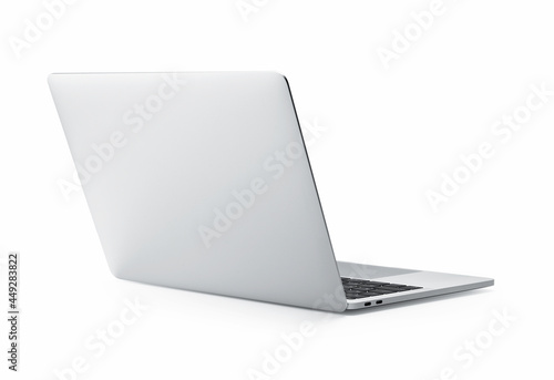 Rear view of the open laptop, silver aluminum body.