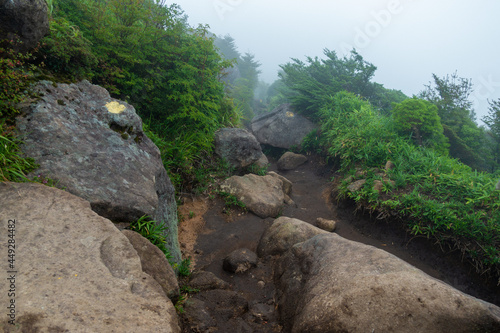 大分県玖珠郡九重町、竹田市久住町のくじゅう連山を登山している風景 A scene of climbing the Kujyu mountain range in Kusu-gun, Kokonoe-machi and Takeda-shi, Oita Prefecture. 