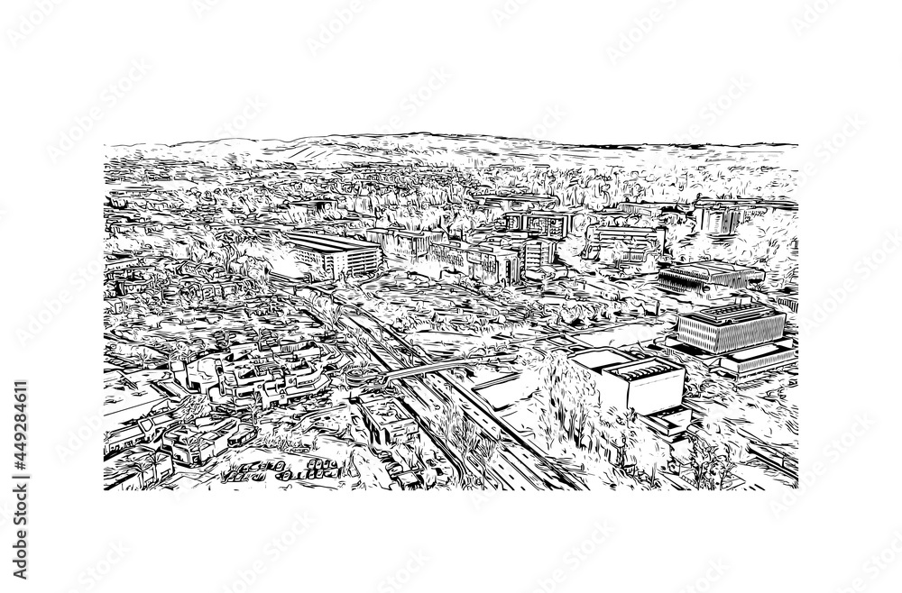 Building view with landmark of Irvine is the 
city in California. Hand drawn sketch illustration in vector.
