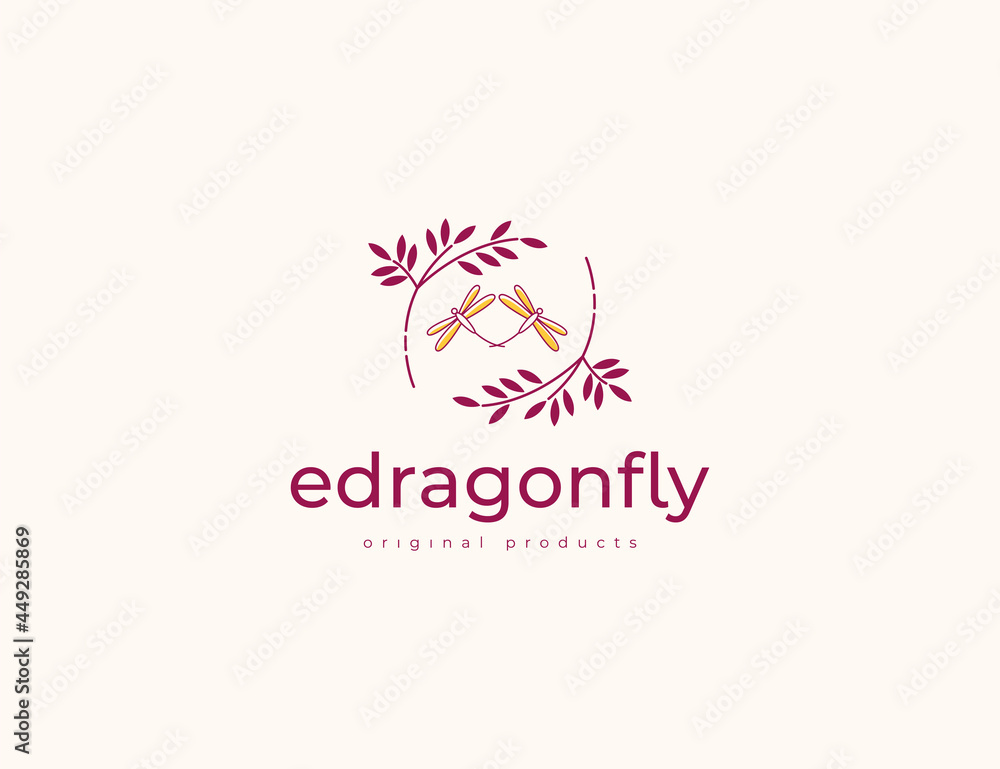 Dragonfly and leaves illustration logo design Dragonfly and leaves illustration logo design