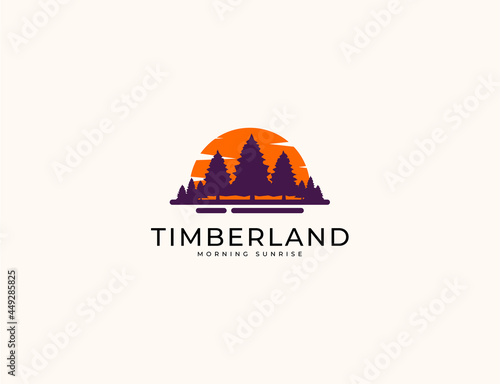 Sunset timberland forest pine tree with sun logo