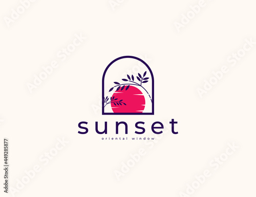 Minimalist leaves and sun with sunset illustration logo