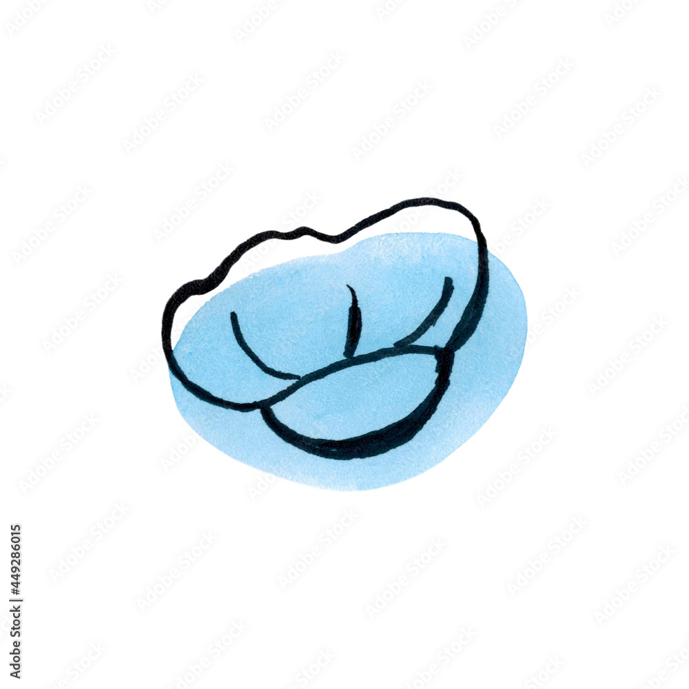 Chef's hat. Kitchen headdress. The illustration is drawn with a contour line on a watercolor blue spot. Chef's hat. Kitchen headdress. The illustration is drawn with a contour line on a watercolor blue spot.