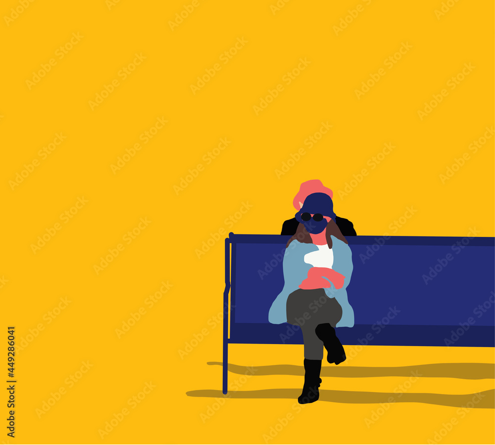 Woman with medical mask due to coronavirus sitting on a bench in a public park. Woman with medical mask due to coronavirus sitting on a bench in a public park.