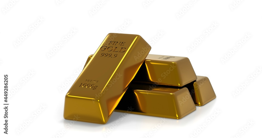 3D rendering stack Gold Bars, weight 1000 grams isolated white background 3D rendering stack Gold Bars, weight 1000 grams isolated white background