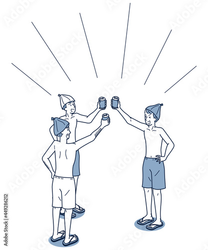 サウナ後にビールで乾杯する男性グループのアイソメ